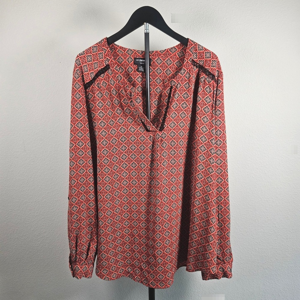 Liz Claiborne Blouse Women 2X Red/Orange Medallion Lace Trim Career Boho Chic